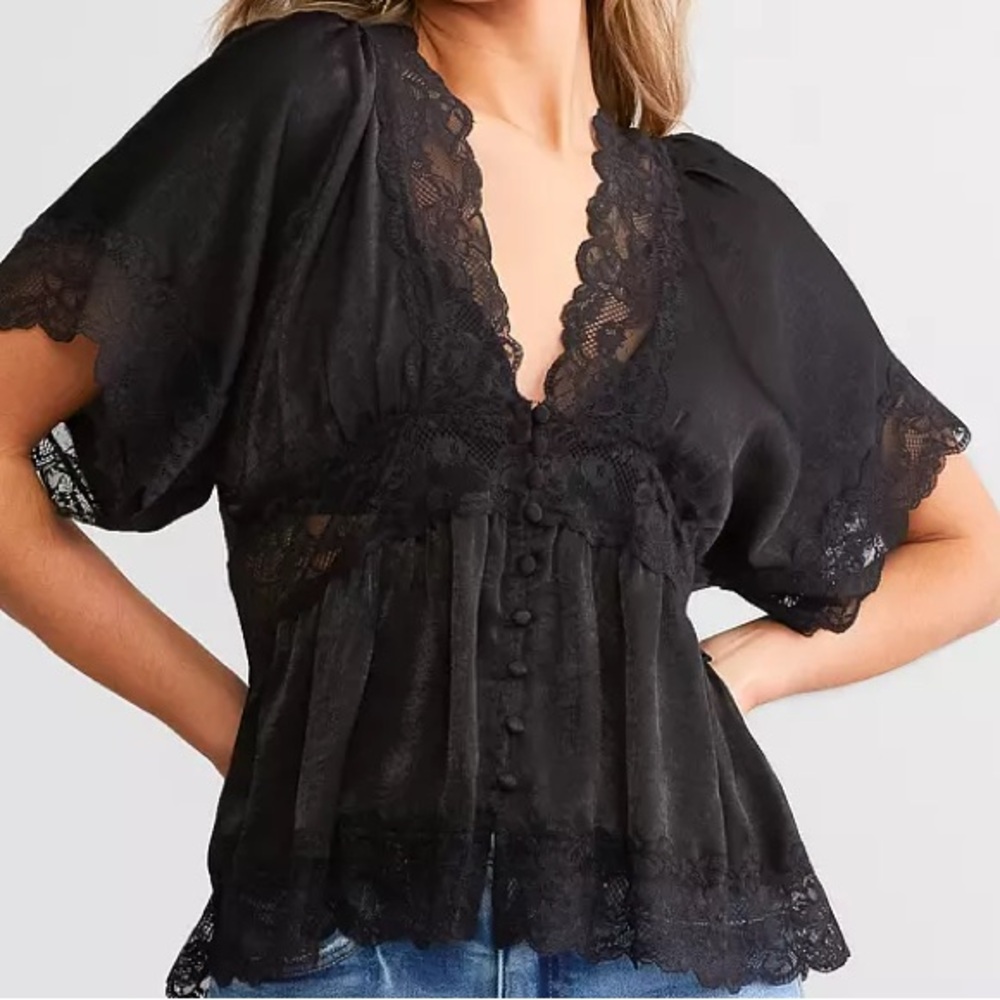 Black Satin & Lace Trim Top